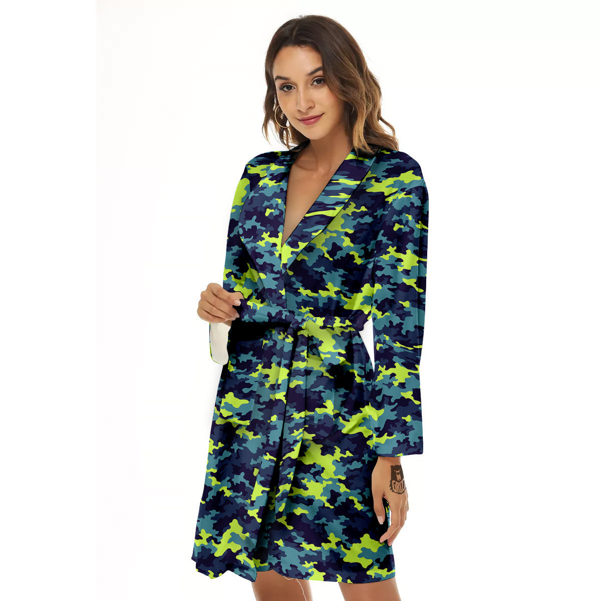 Camouflage Blue And Neon Green Print Pattern Women's Robe-grizzshop
