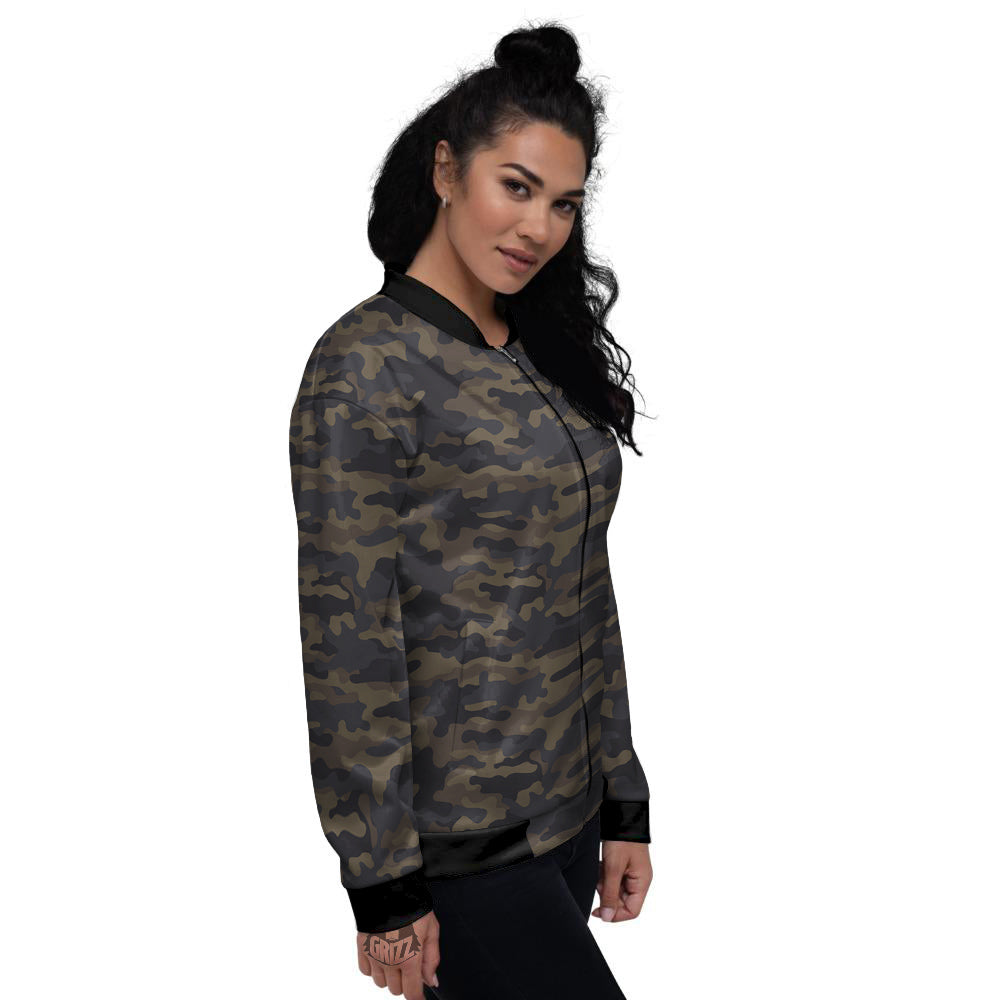 Camouflage Dark Brown Print Women's Bomber Jacket-grizzshop