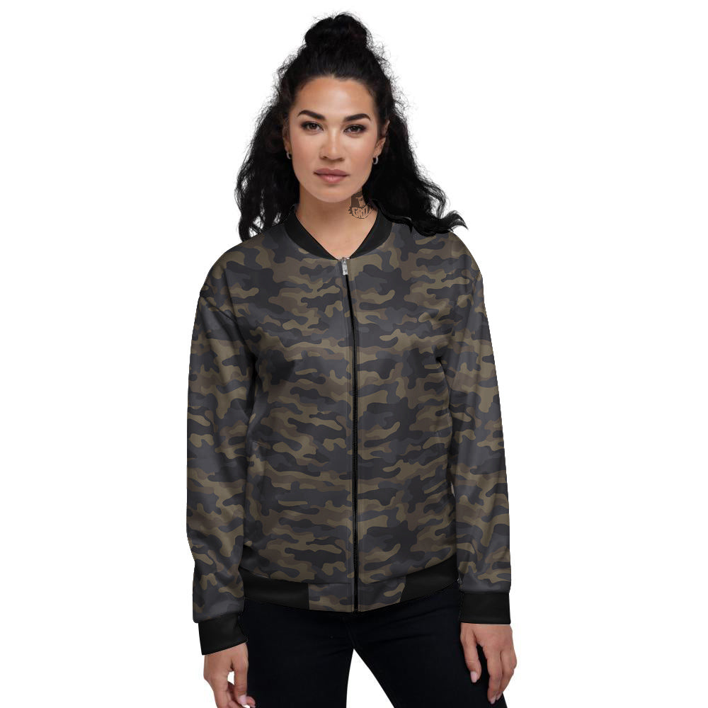 Camouflage Dark Brown Print Women's Bomber Jacket-grizzshop