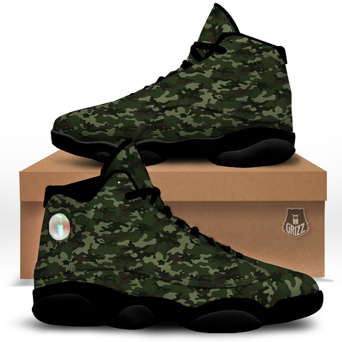 Camouflage Dark Green Print Black Basketball Shoes-grizzshop