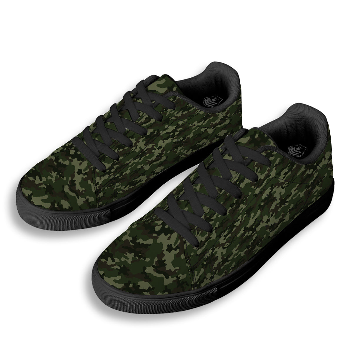Camouflage Dark Green Print Black Low Top Sneakers-grizzshop