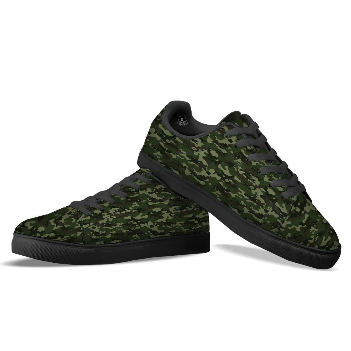 Camouflage Dark Green Print Black Low Top Sneakers-grizzshop