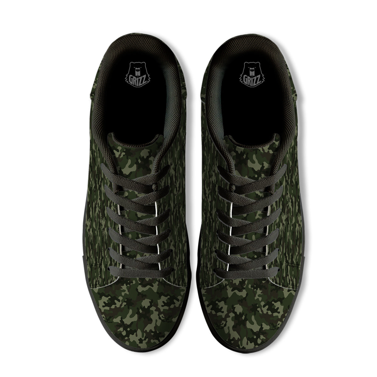 Camouflage Dark Green Print Black Low Top Sneakers-grizzshop