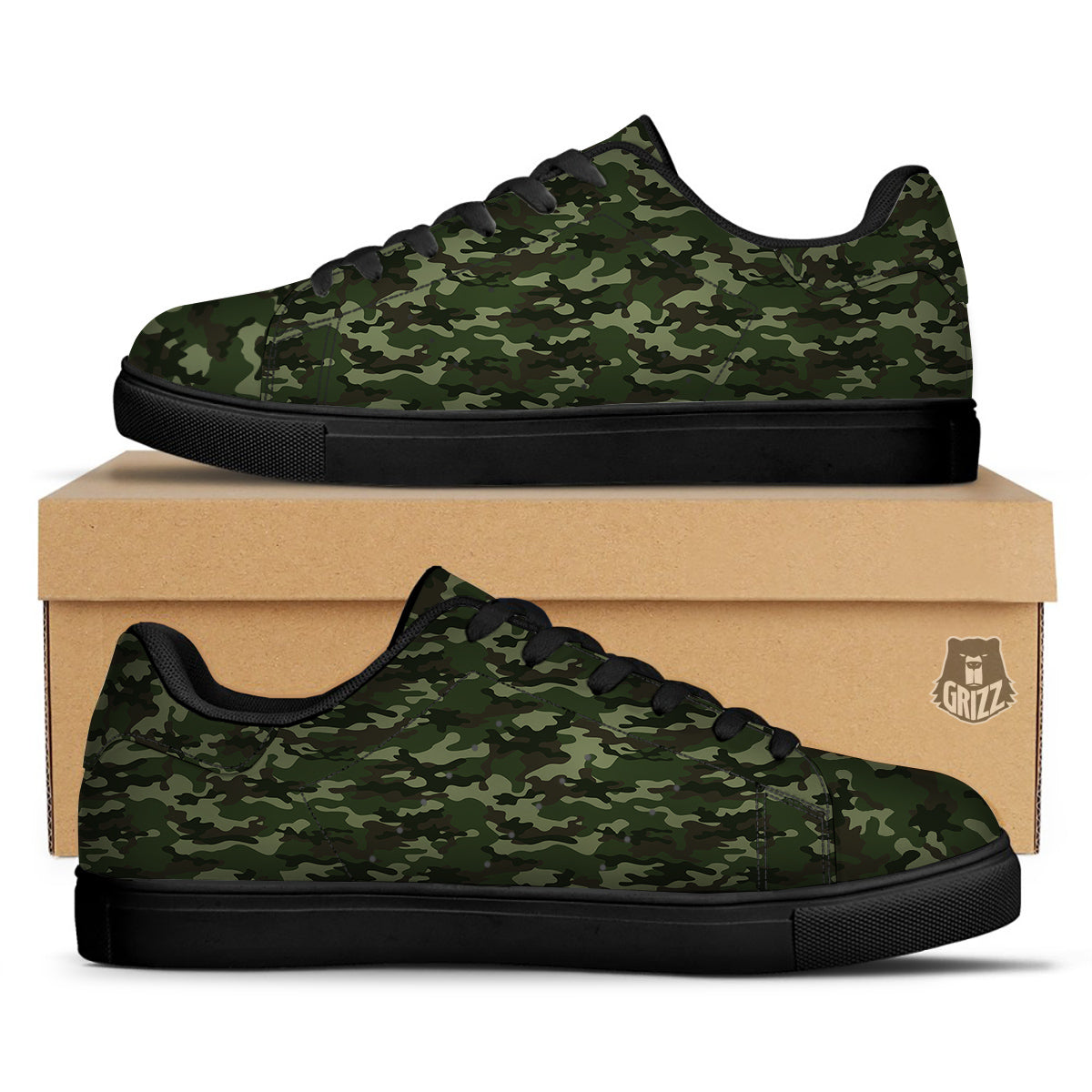 Camouflage Dark Green Print Black Low Top Sneakers-grizzshop