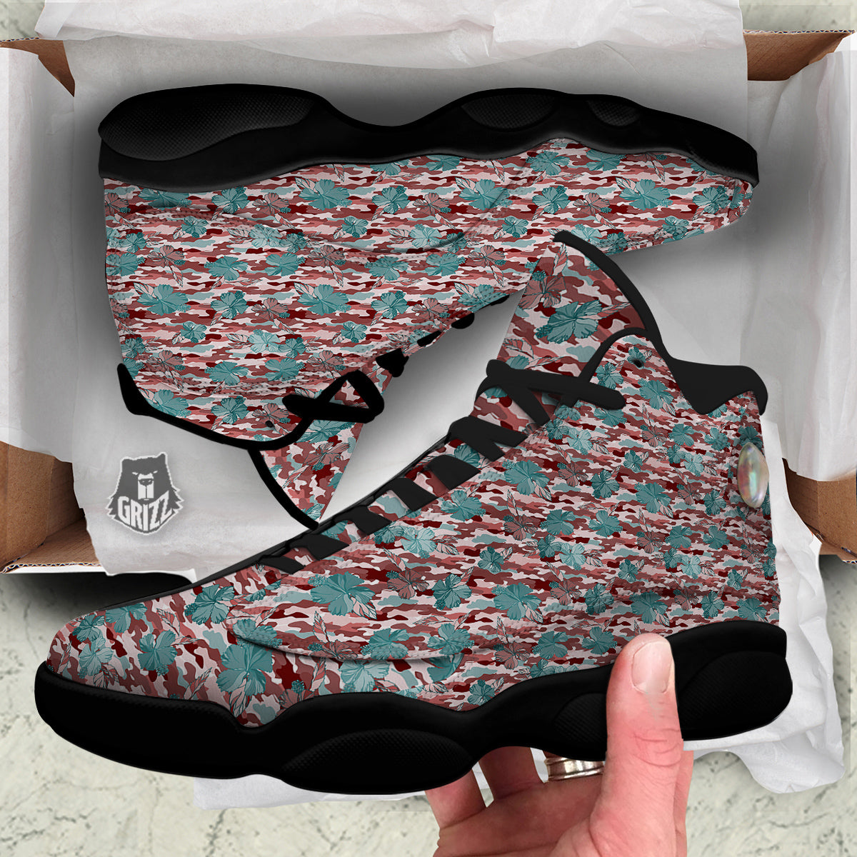 Camouflage Flower Colorful Aloha Print Black Basketball Shoes-grizzshop
