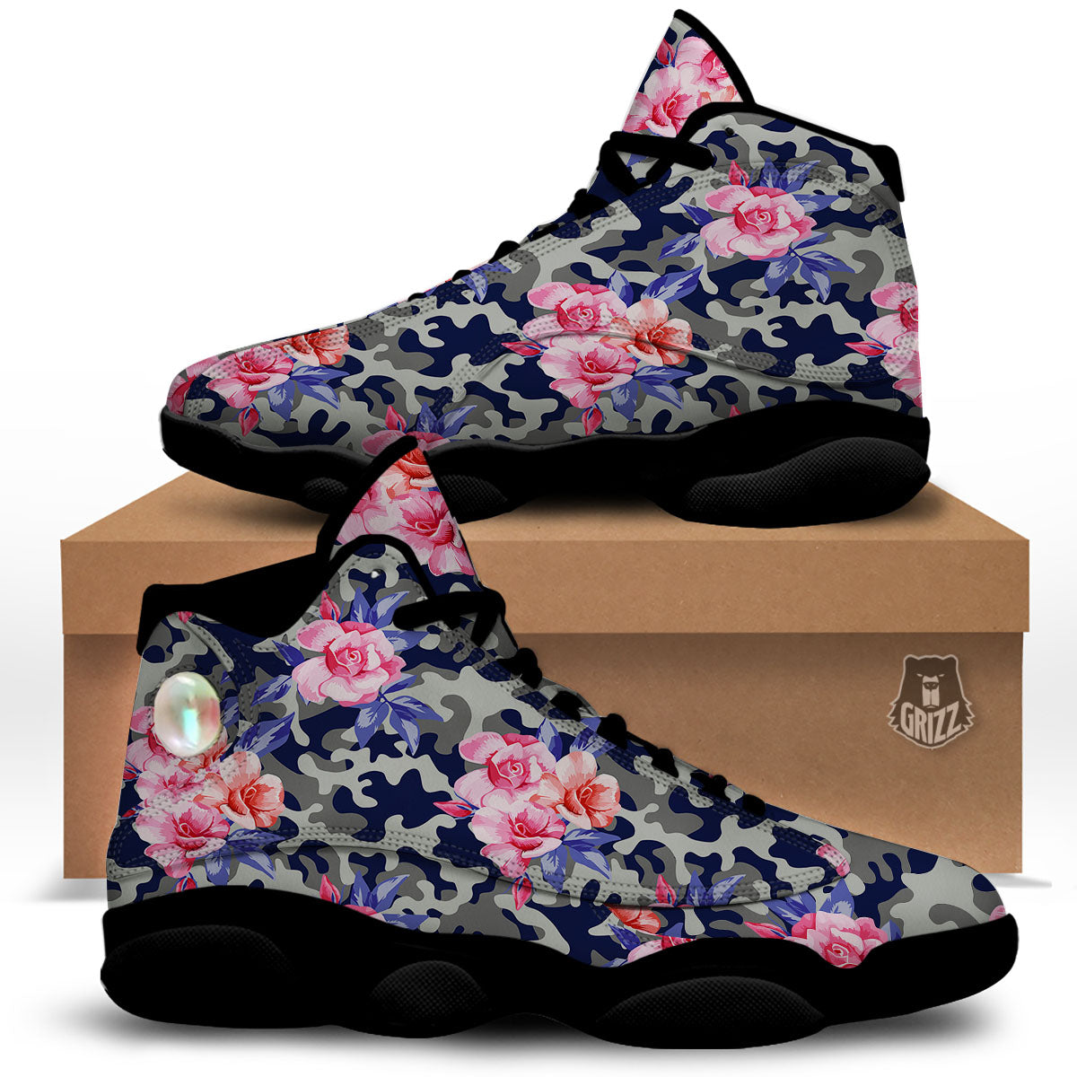 Camouflage Flower Pink Rose Print Black Basketball Shoes-grizzshop
