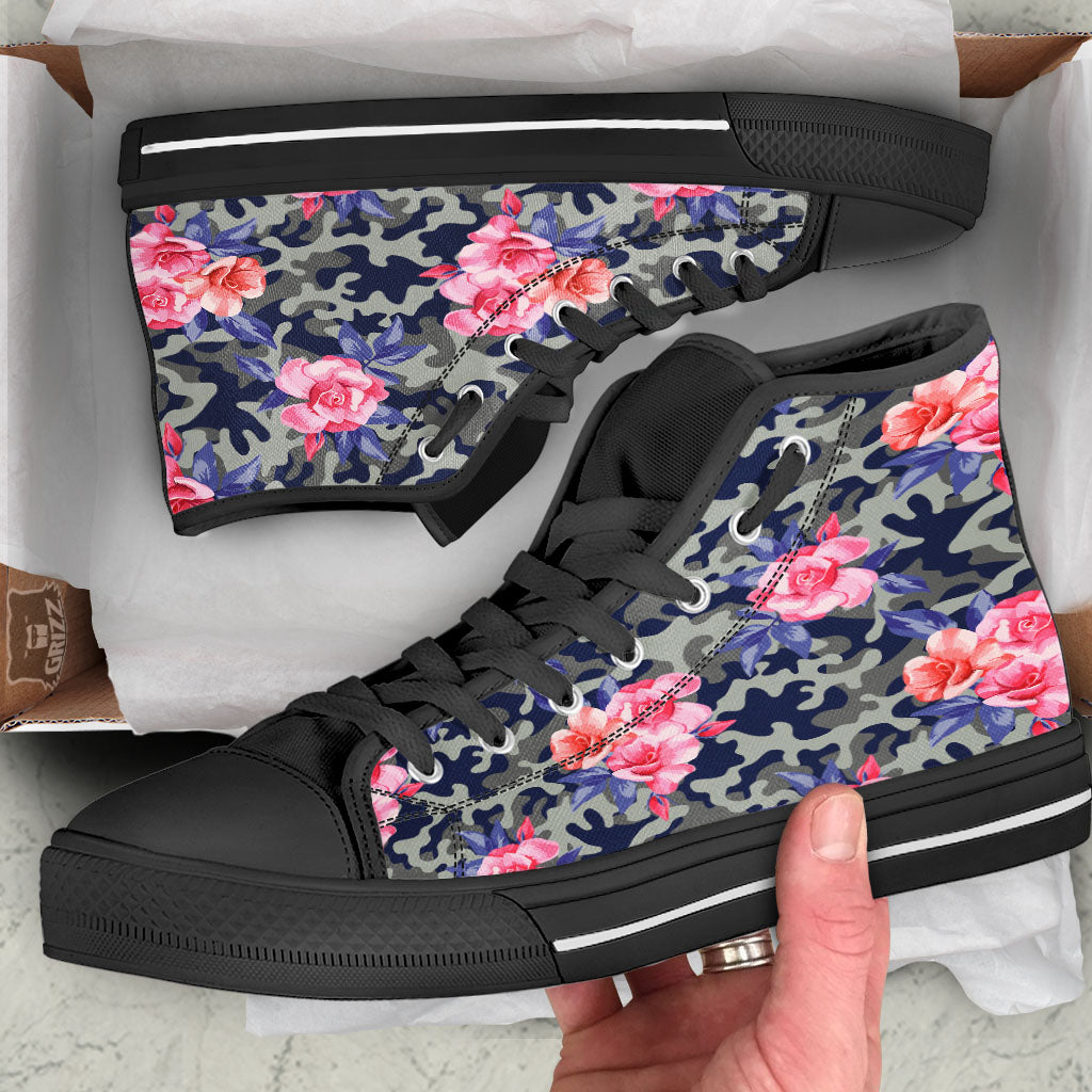 Camouflage Flower Pink Rose Print Black High Top Shoes-grizzshop