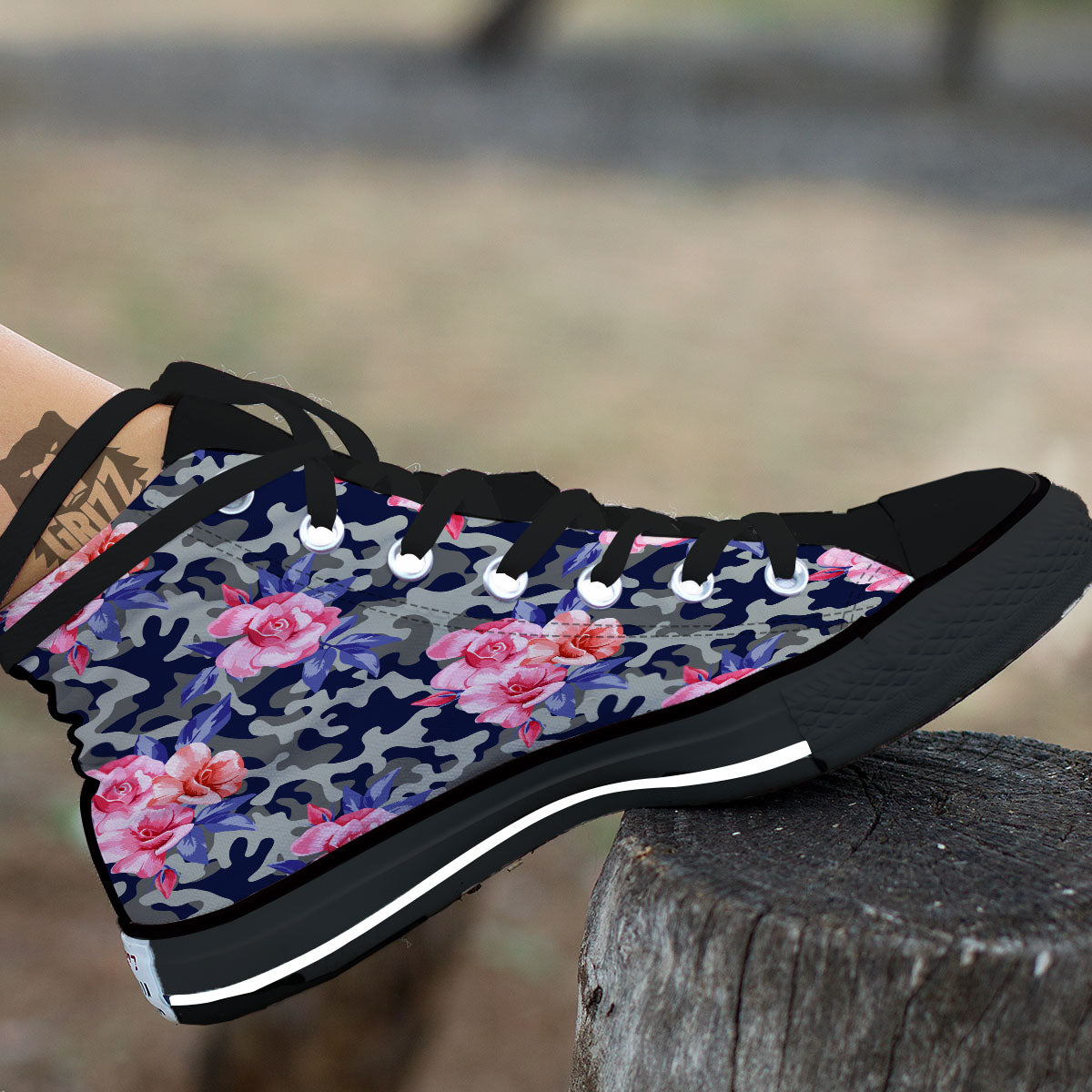 Camouflage Flower Pink Rose Print Black High Top Shoes-grizzshop