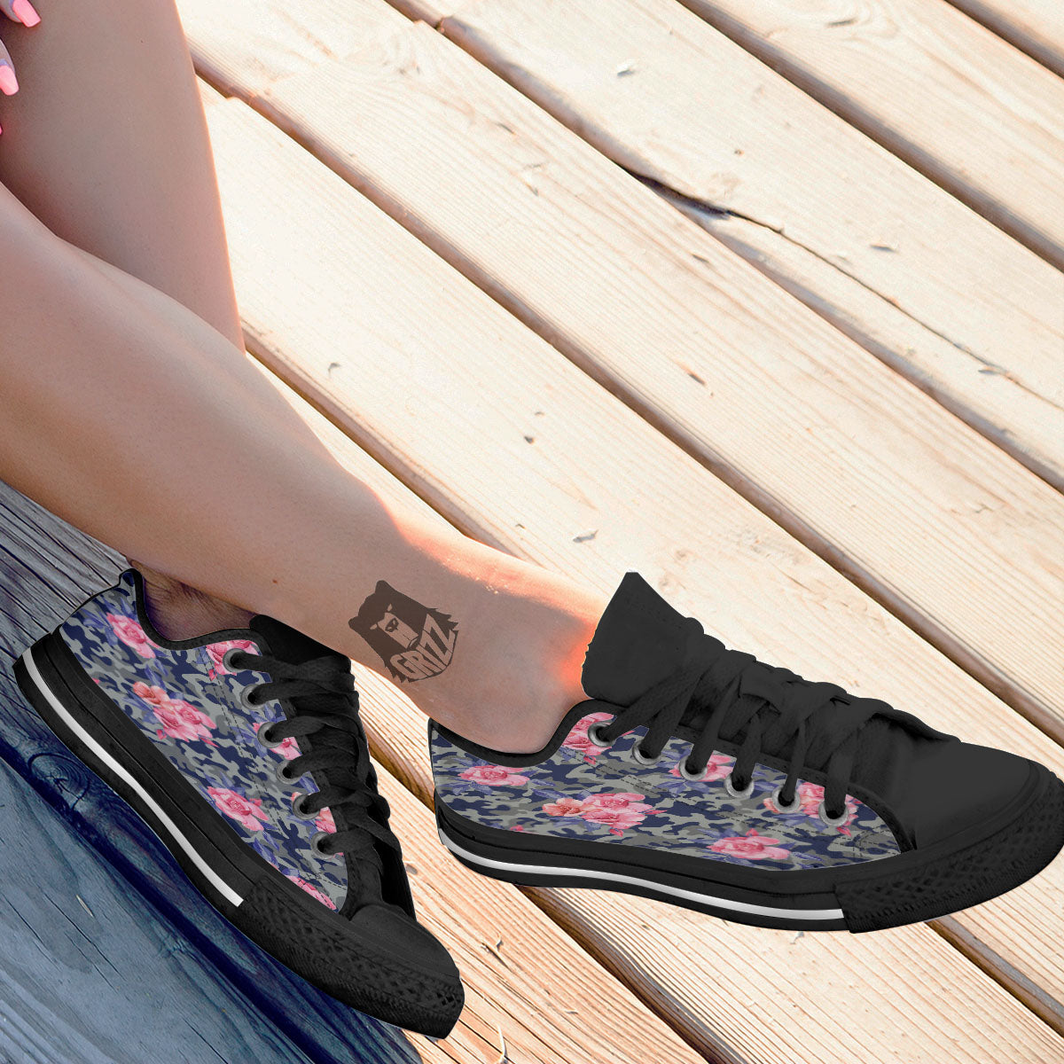 Camouflage Flower Pink Rose Print Black Low Top Shoes-grizzshop