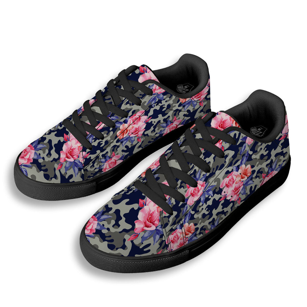 Camouflage Flower Pink Rose Print Black Low Top Sneakers-grizzshop