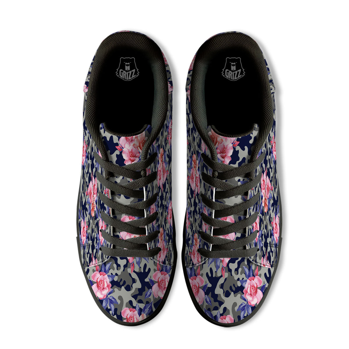 Camouflage Flower Pink Rose Print Black Low Top Sneakers-grizzshop