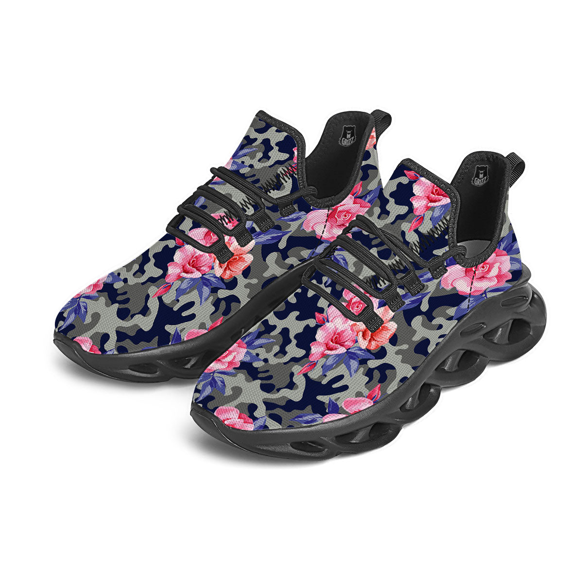 Camouflage Flower Pink Rose Print Black Running Shoes-grizzshop