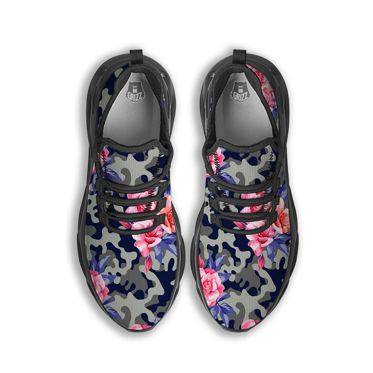 Camouflage Flower Pink Rose Print Black Running Shoes-grizzshop