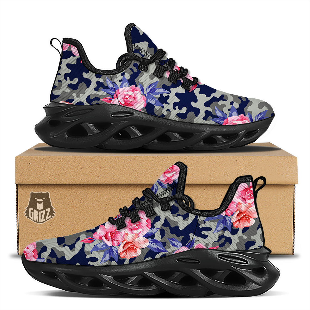 Camouflage Flower Pink Rose Print Black Running Shoes-grizzshop