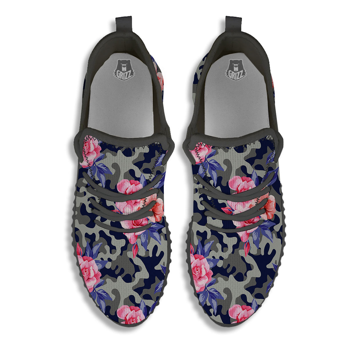 Camouflage Flower Pink Rose Print Black Walking Shoes-grizzshop
