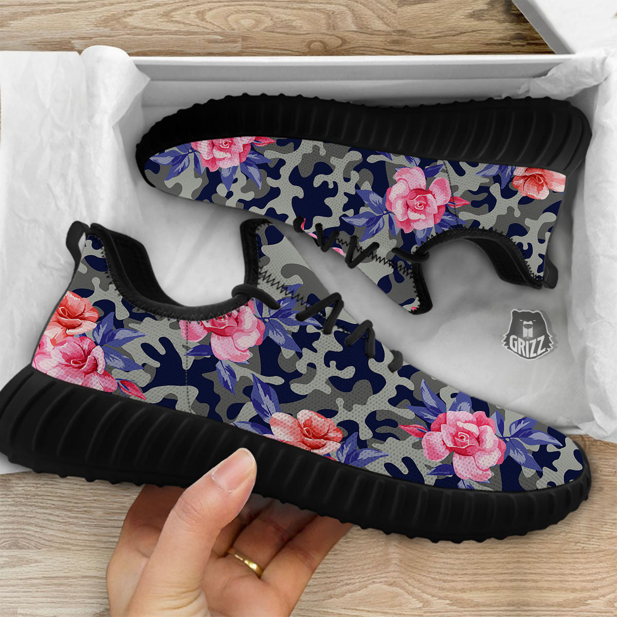 Camouflage Flower Pink Rose Print Black Walking Shoes-grizzshop