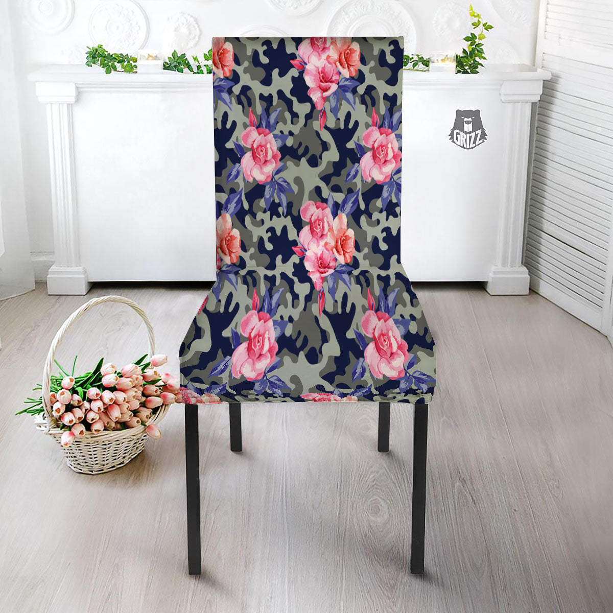 Camouflage Flower Pink Rose Print Dining Chair Slipcover-grizzshop