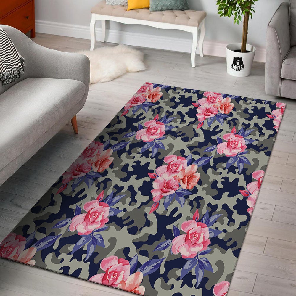 Camouflage Flower Pink Rose Print Floor Mat-grizzshop