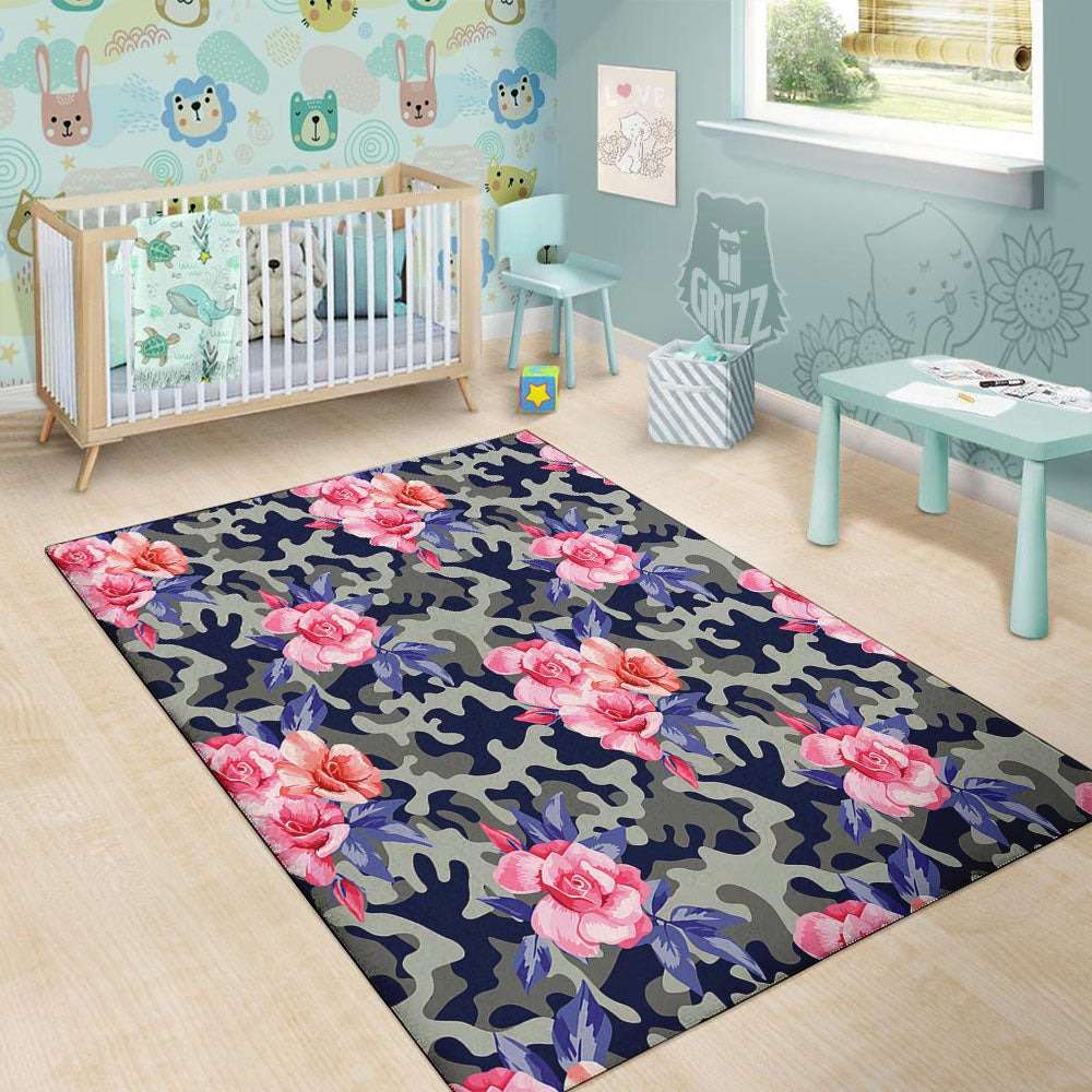 Camouflage Flower Pink Rose Print Floor Mat-grizzshop