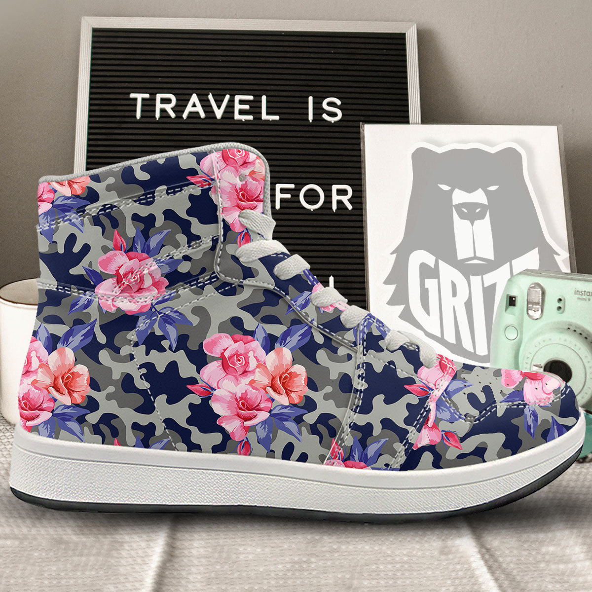 Camouflage Flower Pink Rose Print High Top Sneakers-grizzshop