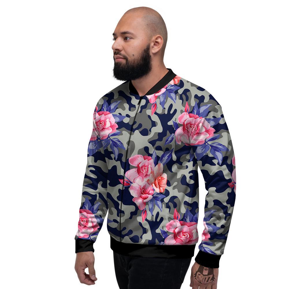 Camouflage Flower Pink Rose Print Men's Bomber Jacket-grizzshop