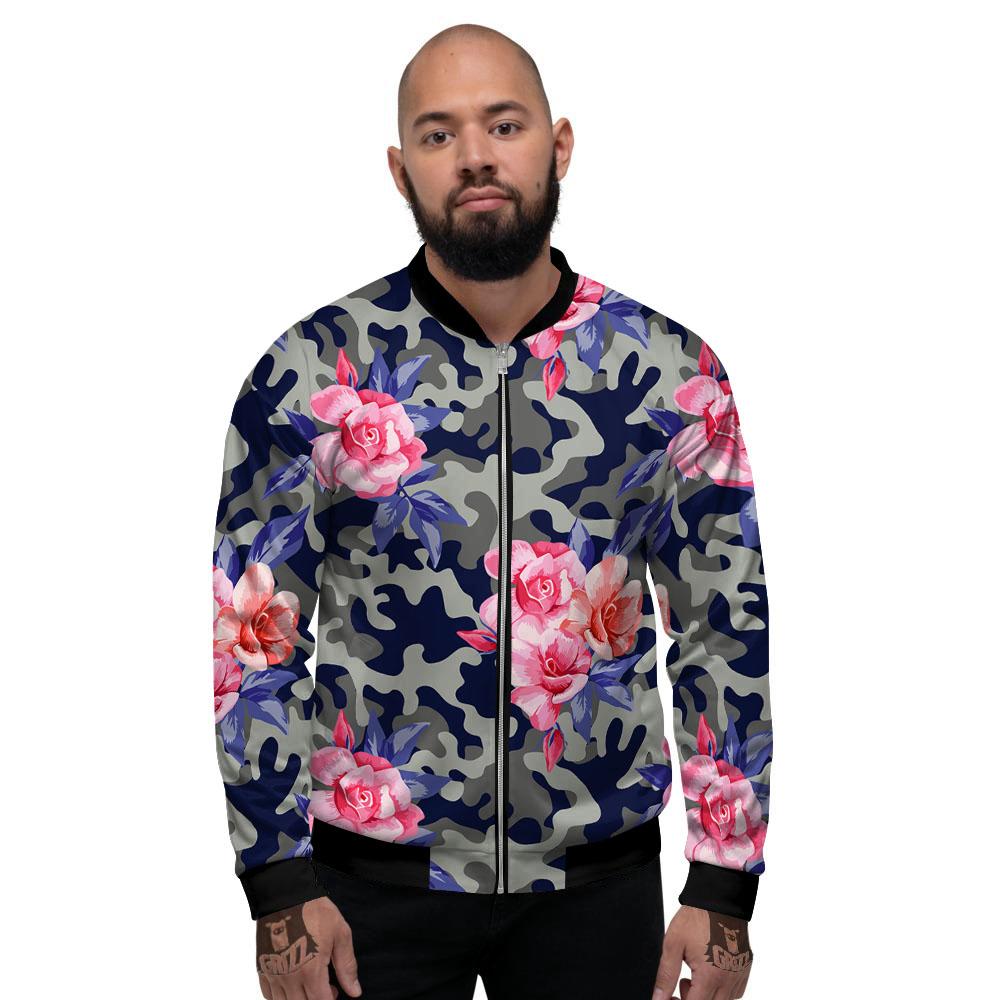 Camouflage Flower Pink Rose Print Men's Bomber Jacket-grizzshop