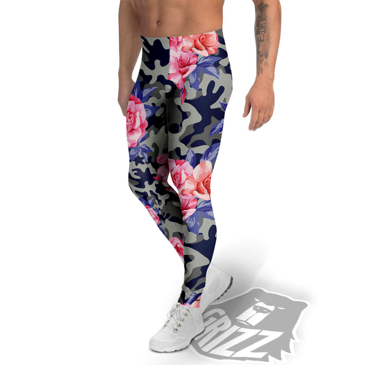Camouflage Flower Pink Rose Print Men's Leggings-grizzshop