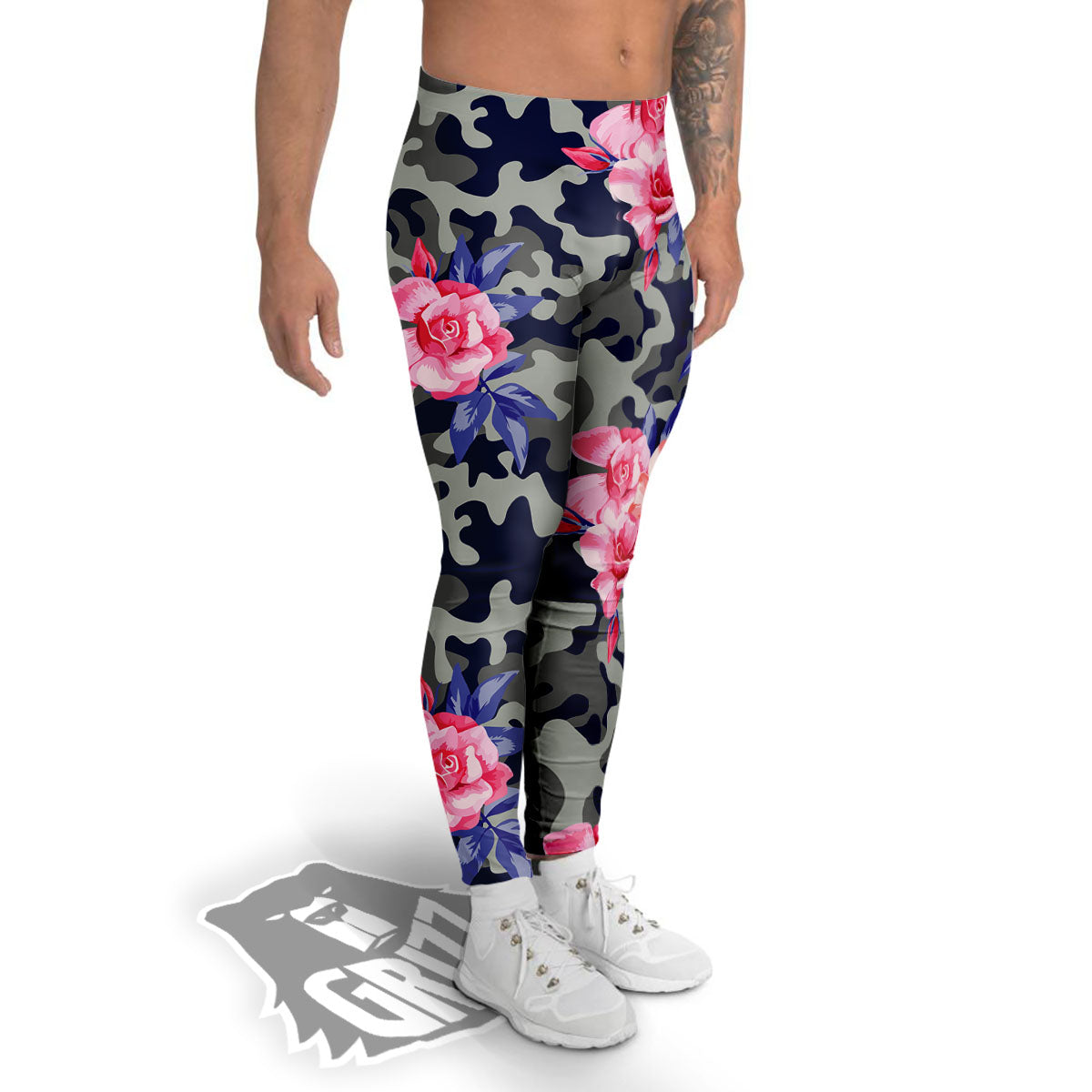 Camouflage Flower Pink Rose Print Men's Leggings-grizzshop