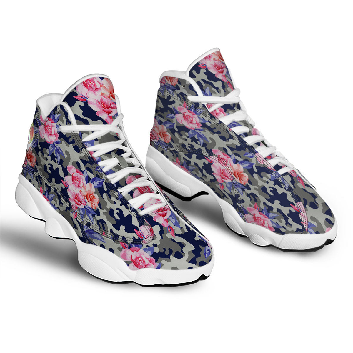 Camouflage Flower Pink Rose Print White Basketball Shoes-grizzshop