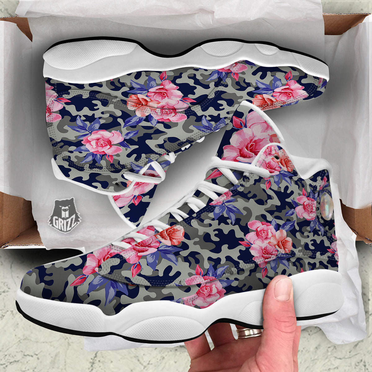 Camouflage Flower Pink Rose Print White Basketball Shoes-grizzshop