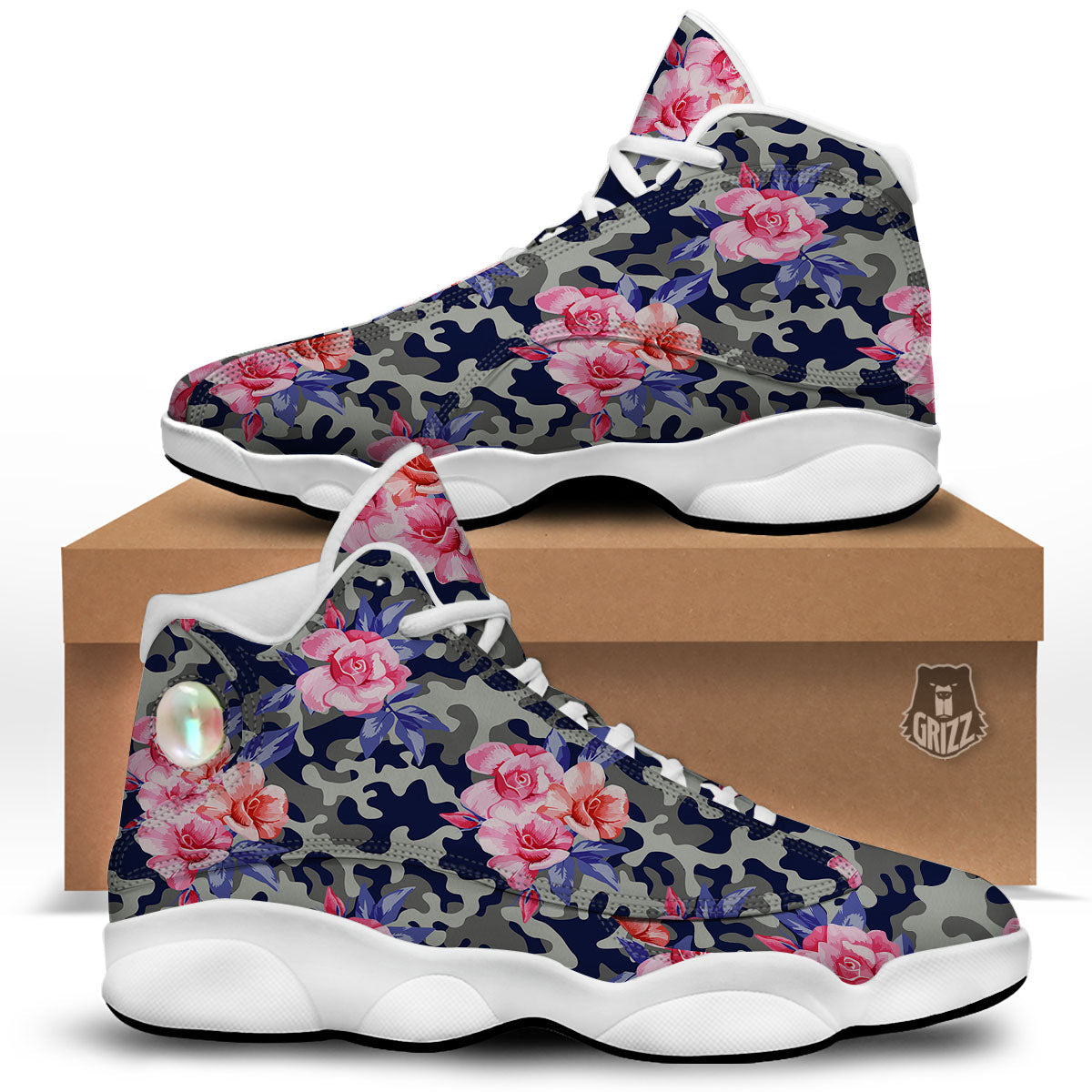 Camouflage Flower Pink Rose Print White Basketball Shoes-grizzshop