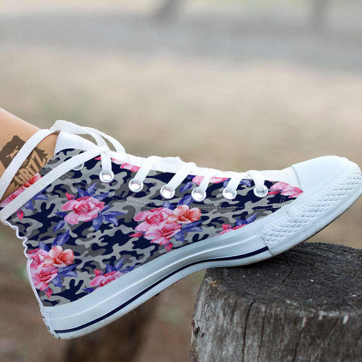 Camouflage Flower Pink Rose Print White High Top Shoes-grizzshop