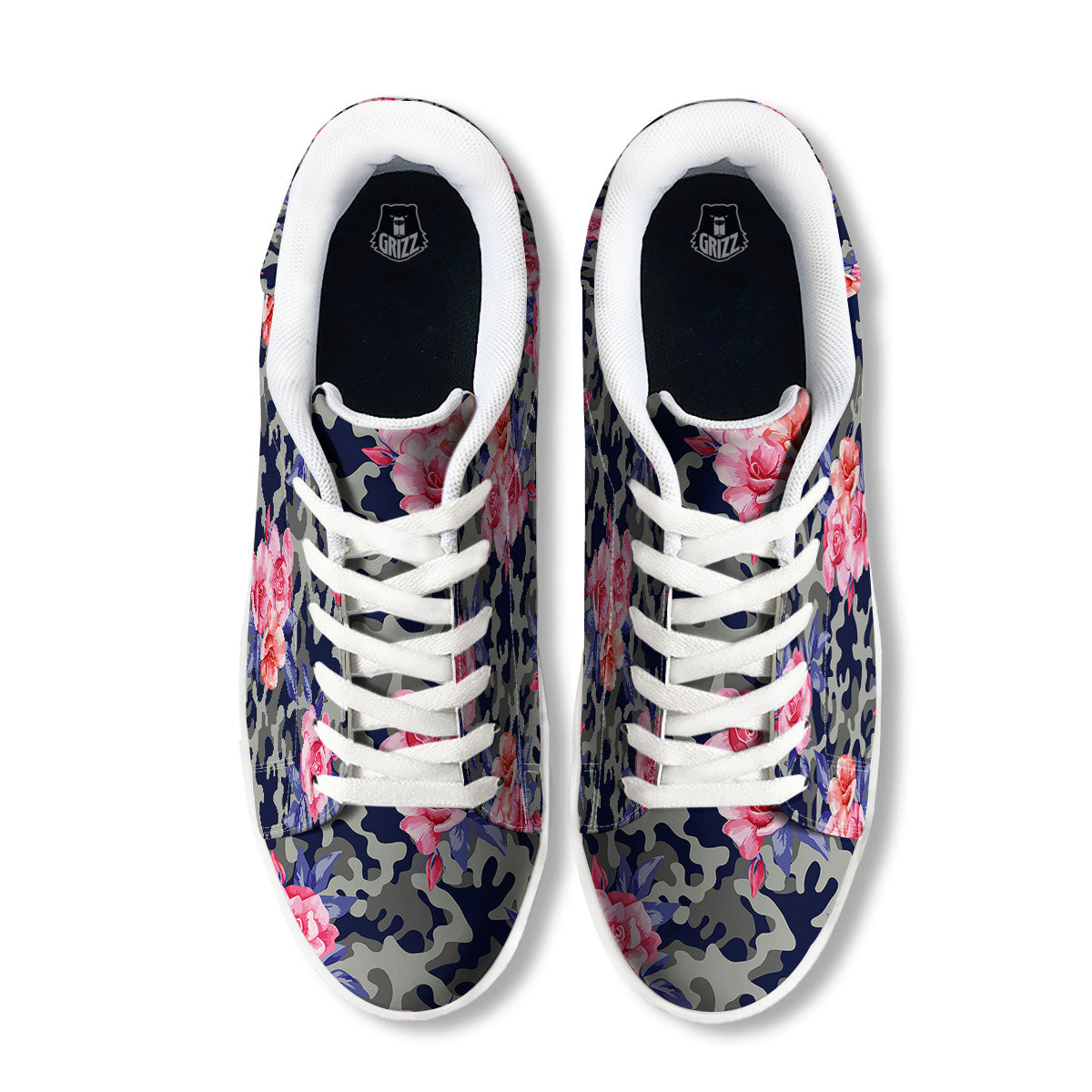 Camouflage Flower Pink Rose Print White Low Top Sneakers-grizzshop