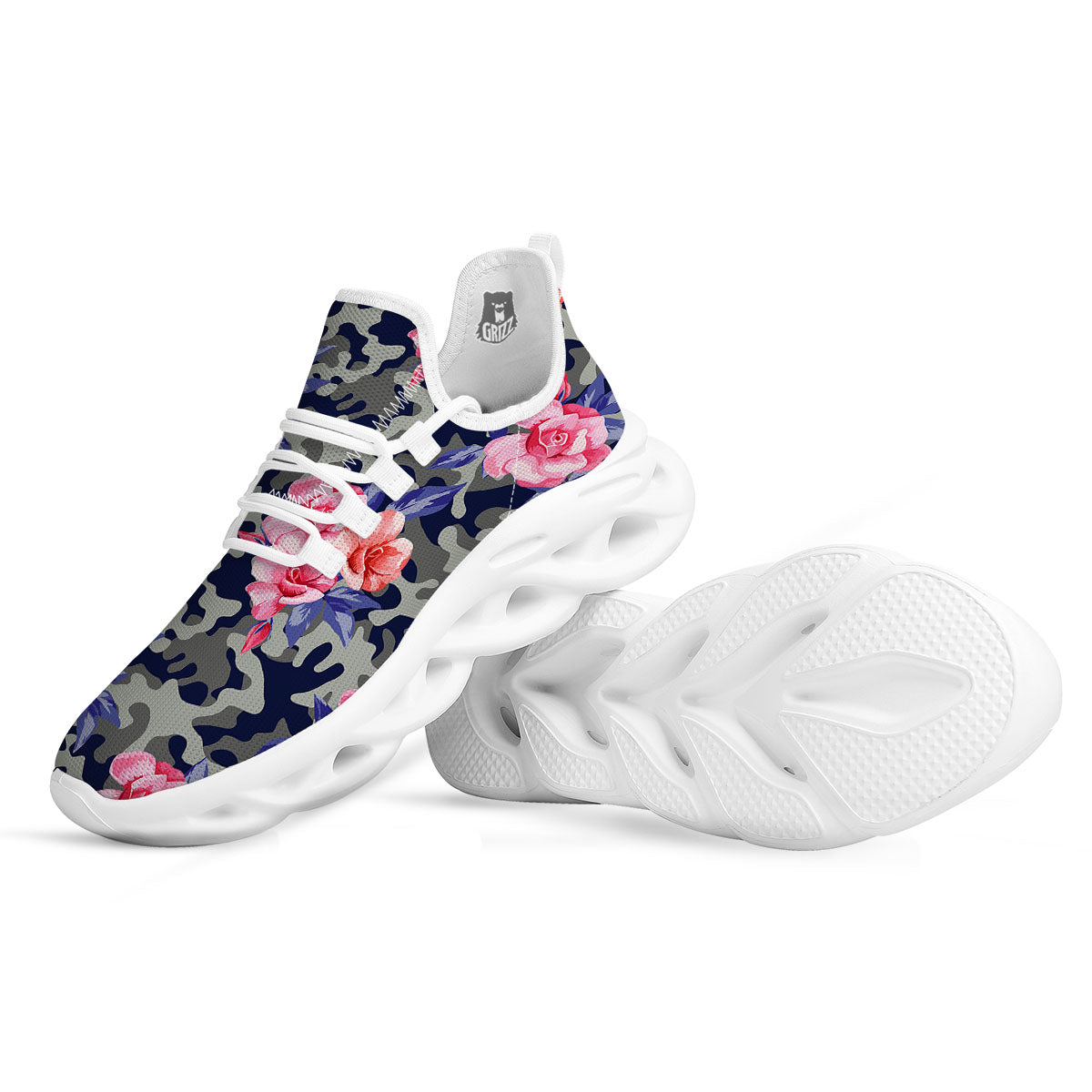 Camouflage Flower Pink Rose Print White Running Shoes-grizzshop