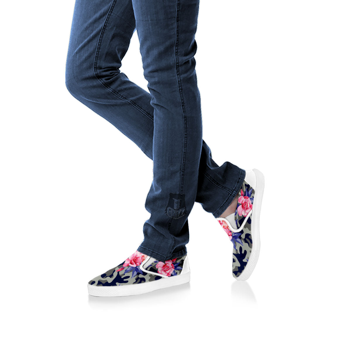 Camouflage Flower Pink Rose Print White Slip On Shoes-grizzshop