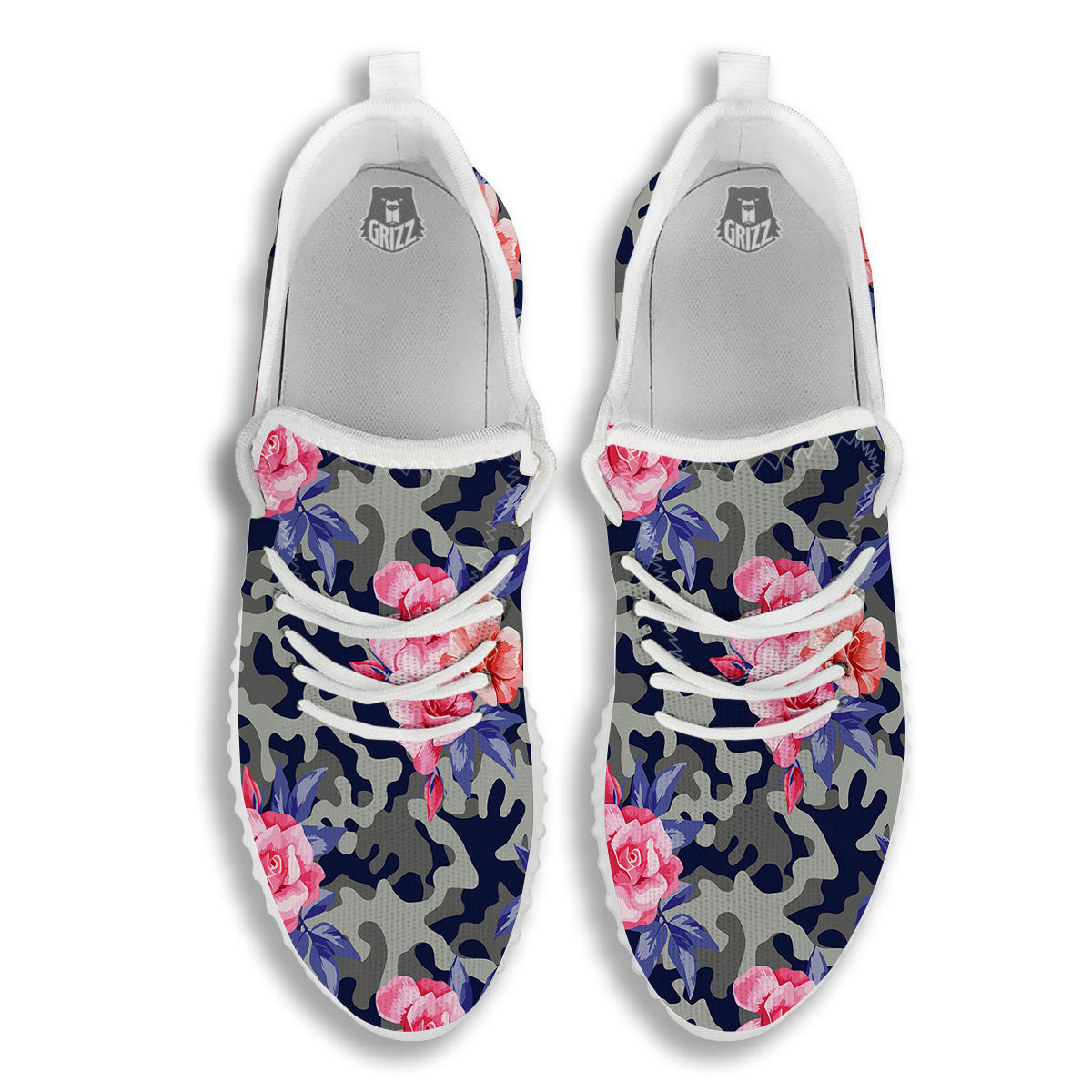 Camouflage Flower Pink Rose Print White Walking Shoes-grizzshop