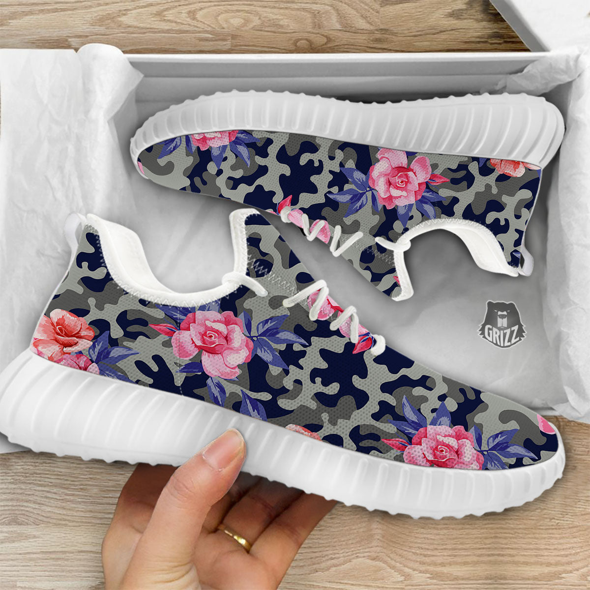 Camouflage Flower Pink Rose Print White Walking Shoes-grizzshop