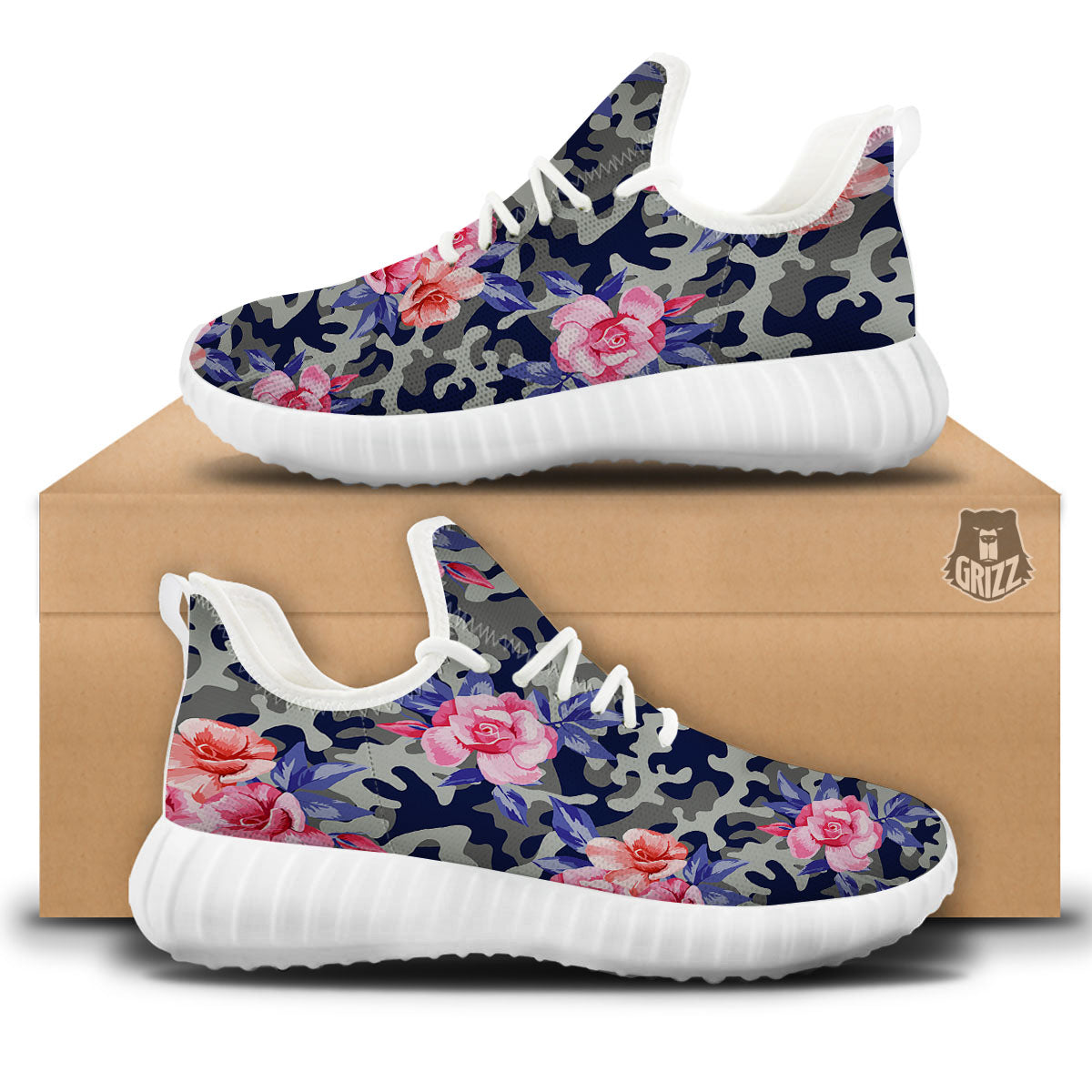 Camouflage Flower Pink Rose Print White Walking Shoes-grizzshop