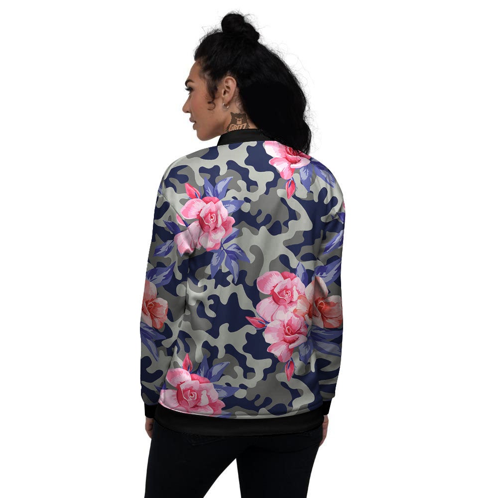 Camouflage Flower Pink Rose Print Women's Bomber Jacket-grizzshop