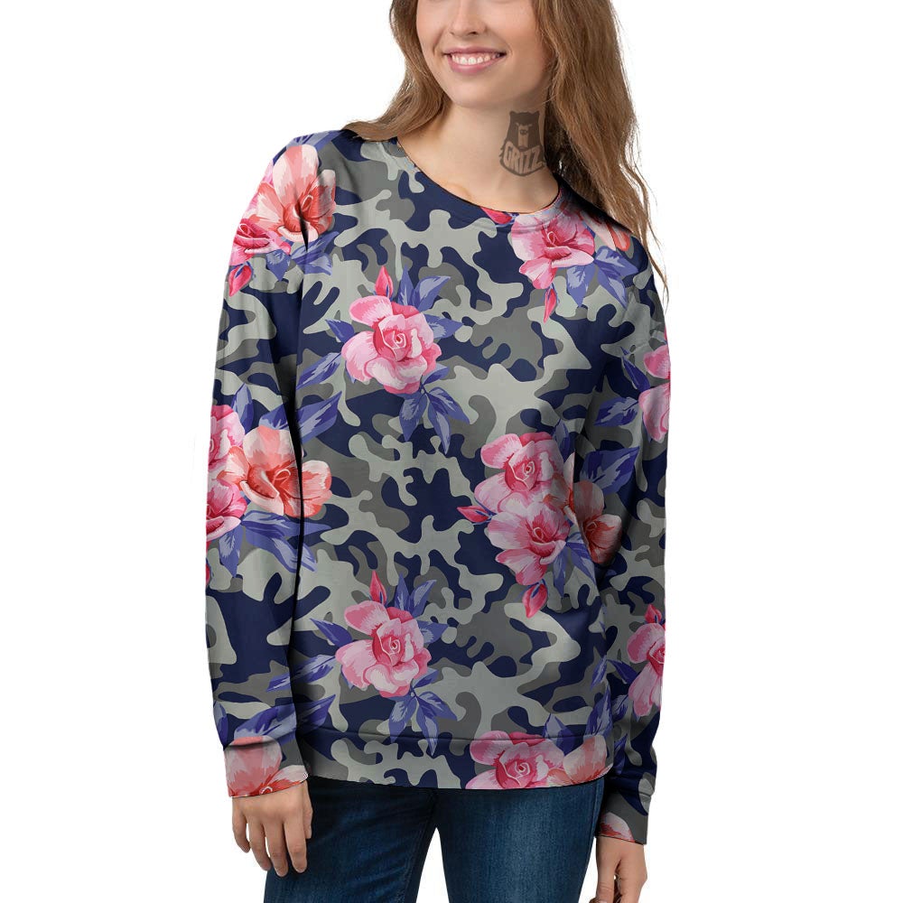 Camouflage Flower Pink Rose Print Women's Sweatshirt-grizzshop