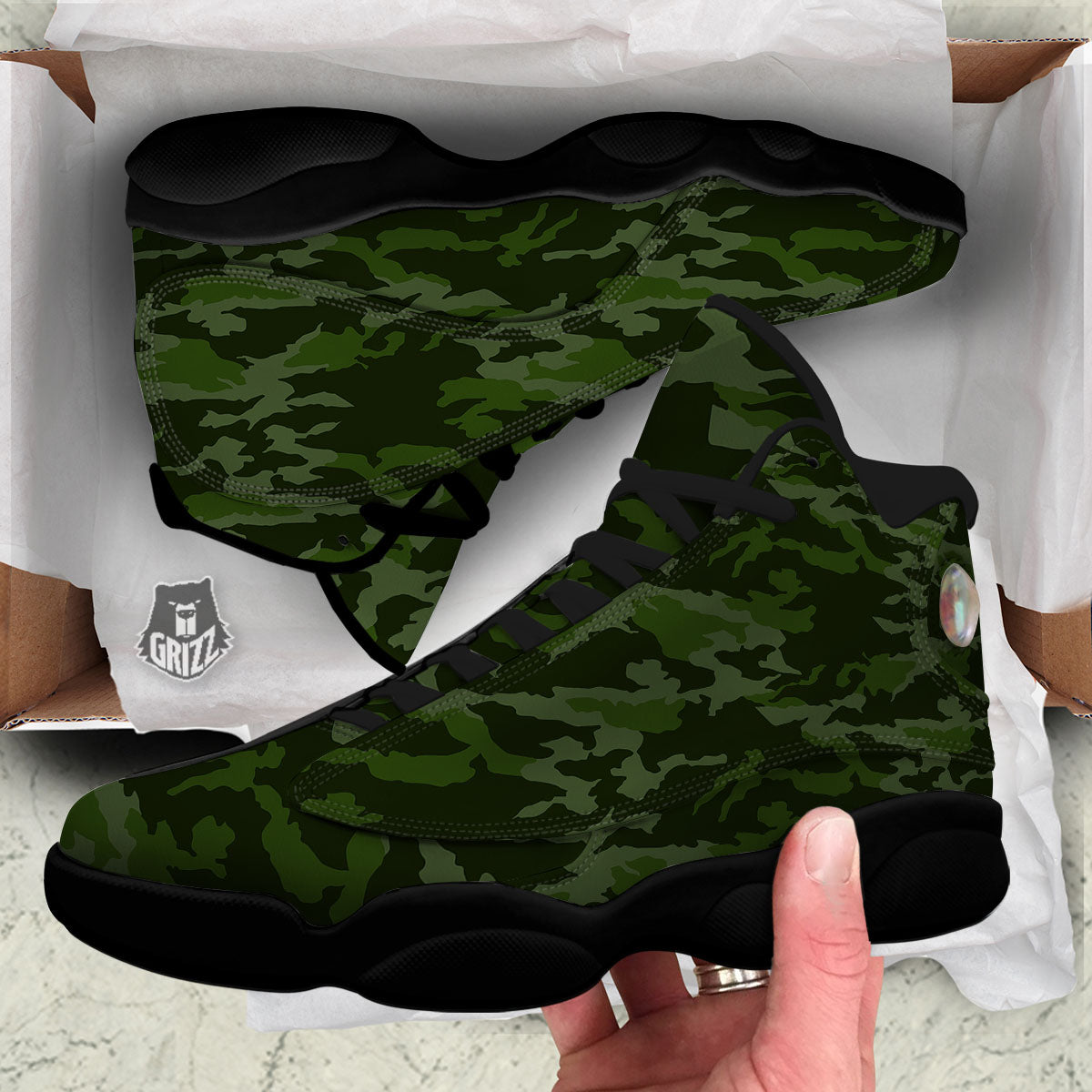 Camouflage Green And Black Print Black Basketball Shoes-grizzshop