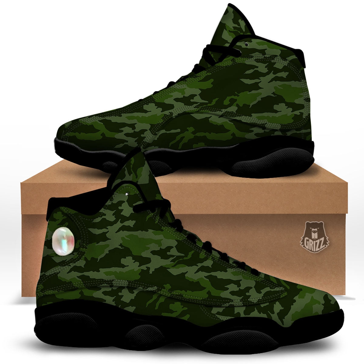 Camouflage Green And Black Print Black Basketball Shoes-grizzshop