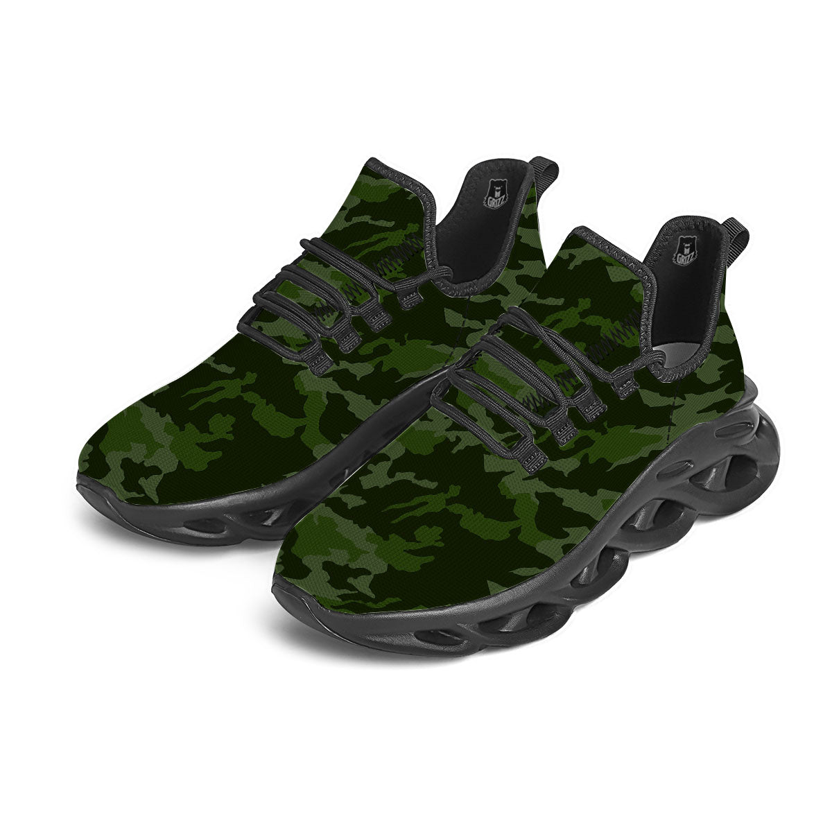 Camouflage Green And Black Print Black Running Shoes-grizzshop