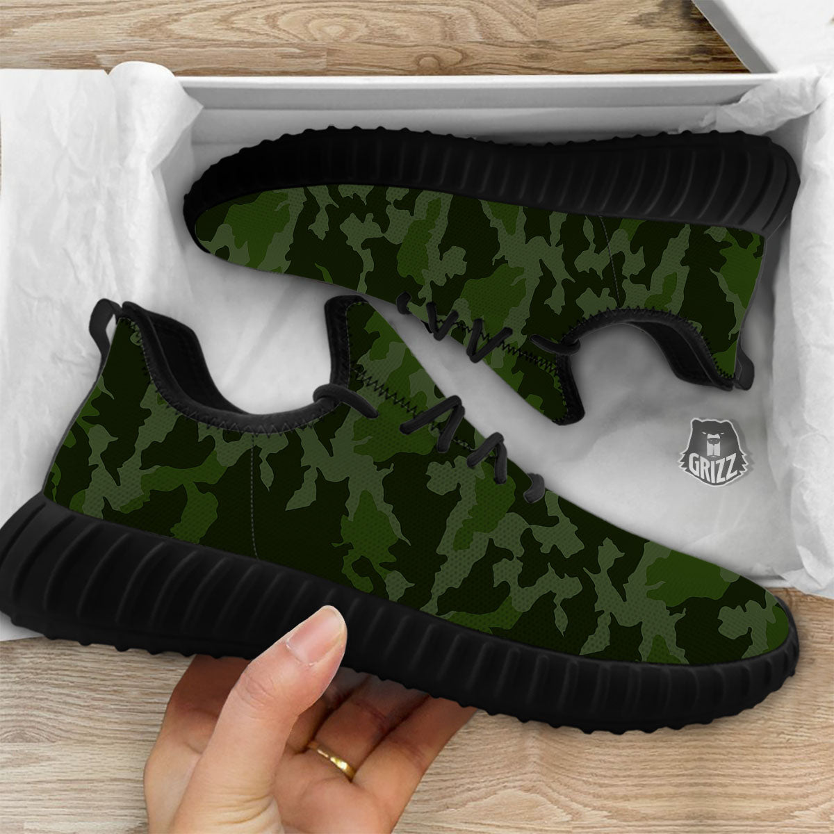 Camouflage Green And Black Print Black Walking Shoes-grizzshop