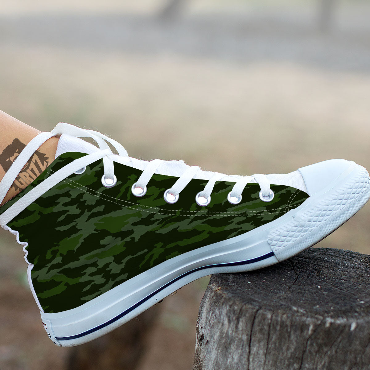 Camouflage Green And Black Print White High Top Shoes-grizzshop