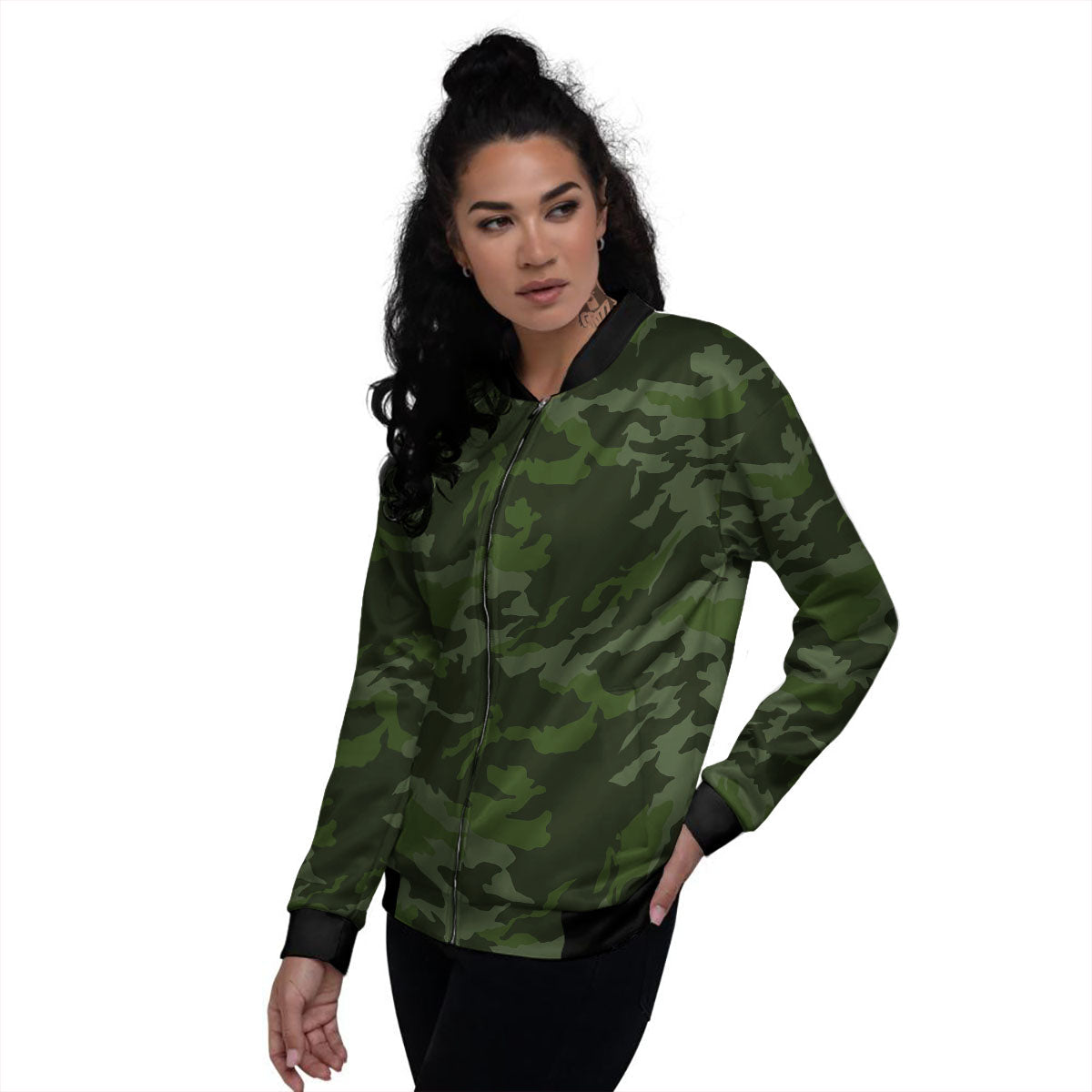 Camouflage Green And Black Print Women's Bomber Jacket-grizzshop