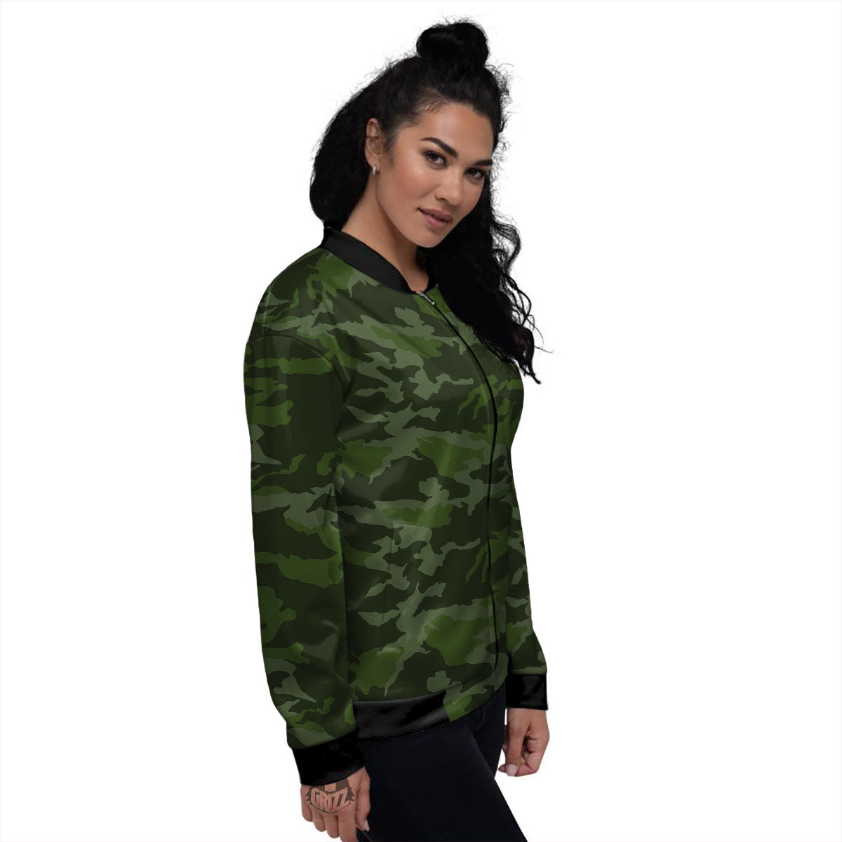 Camouflage Green And Black Print Women's Bomber Jacket-grizzshop