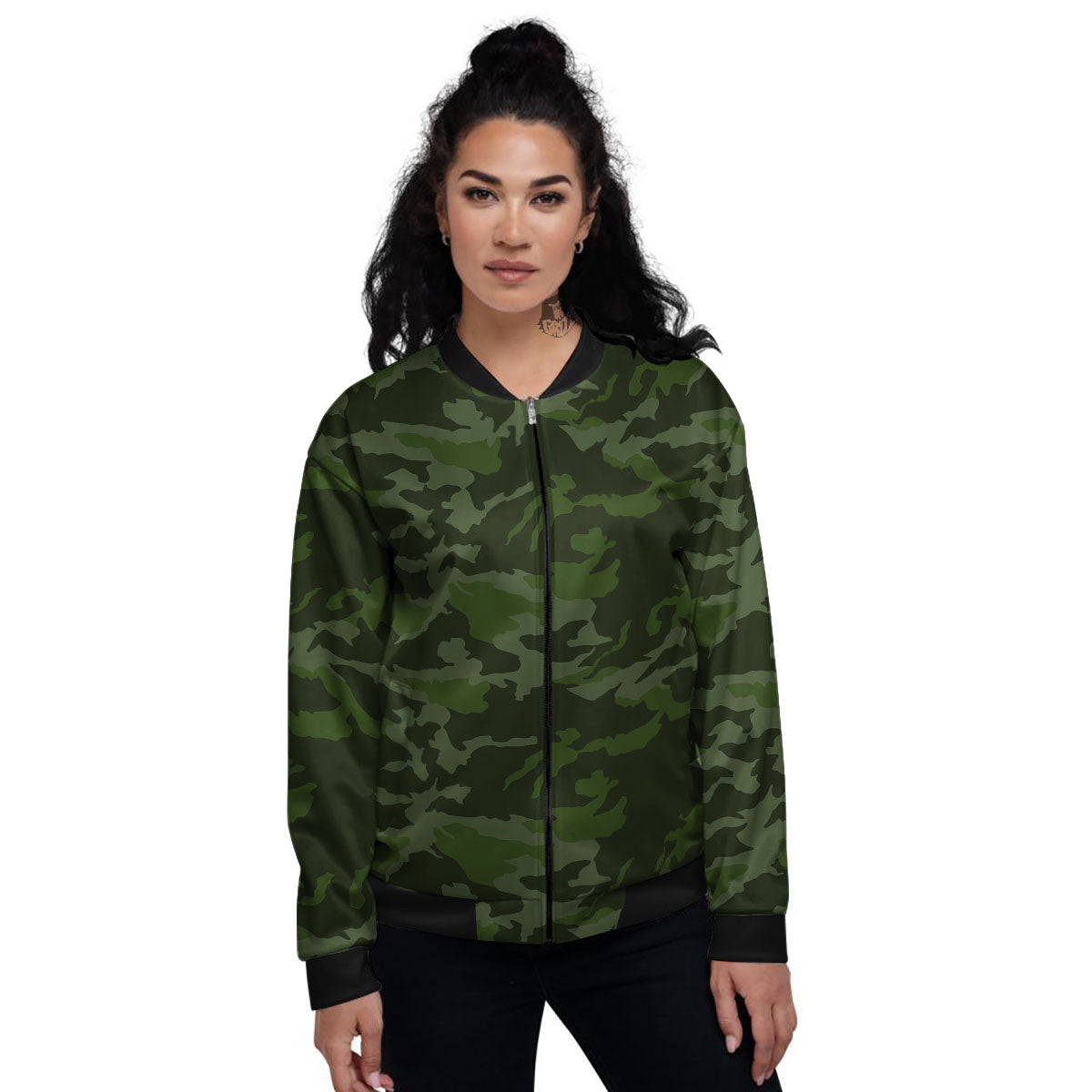 Camouflage Green And Black Print Women's Bomber Jacket-grizzshop