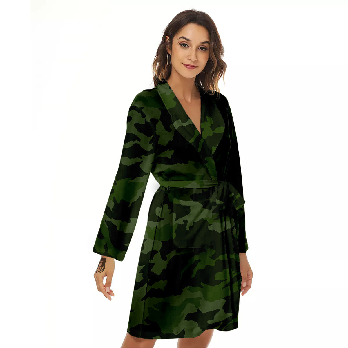 Camouflage Green And Black Print Women's Robe-grizzshop