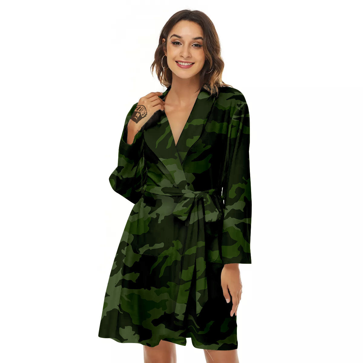 Camouflage Green And Black Print Women's Robe-grizzshop